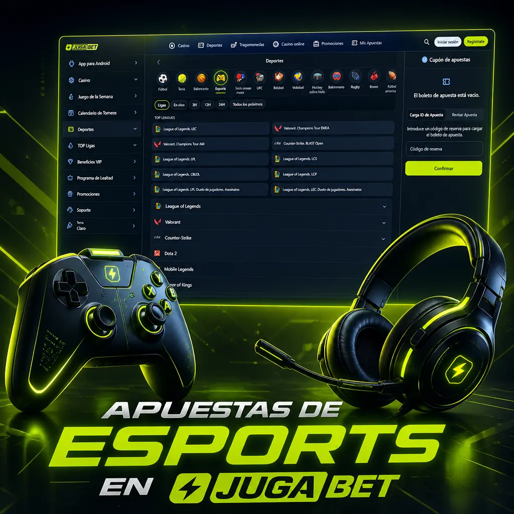 Apuestas de esports en Jugabet: League of Legends, CS2, Dota 2, Valorant y Free Fire con mercados actualizados.