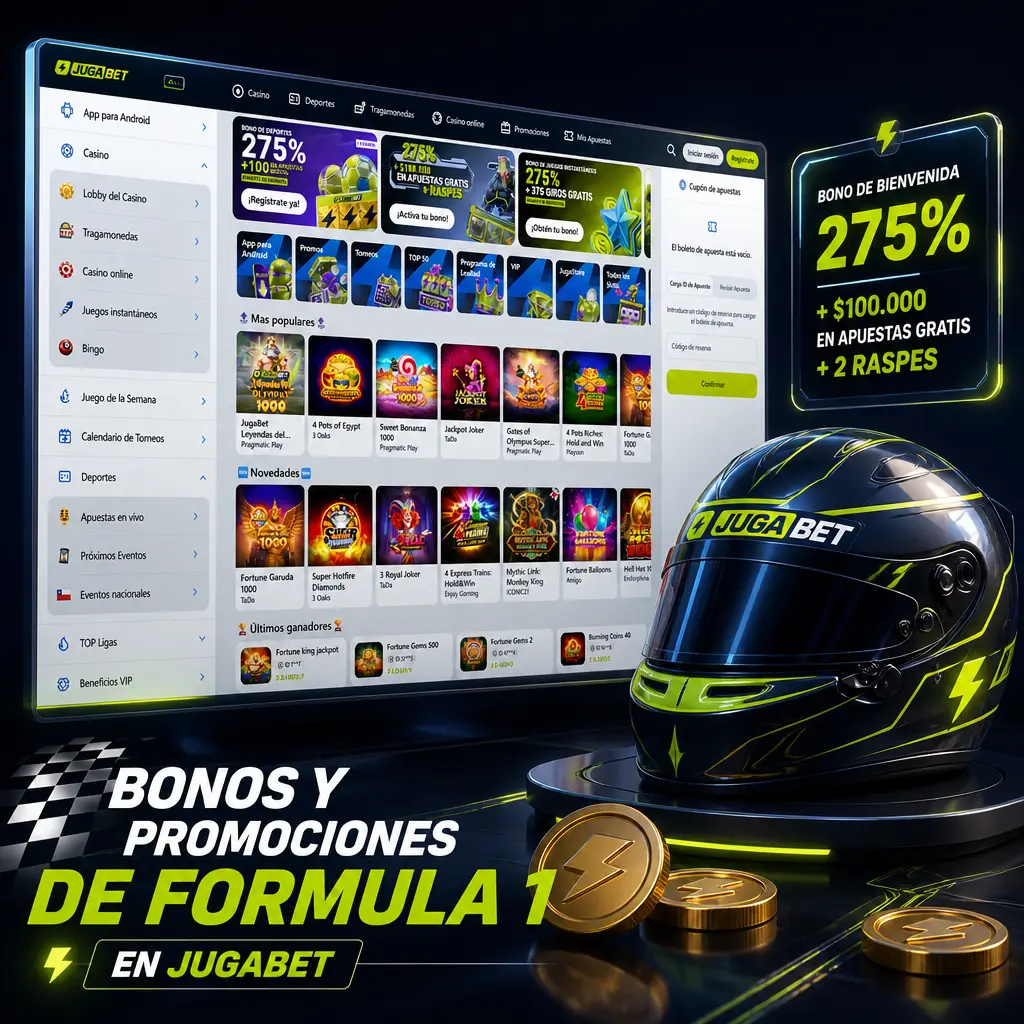 Bono de 20% en primer depósito desde CLP 5.000 y mejoras de cuota para apostar en Formula 1 en Jugabet, temporada 2026.