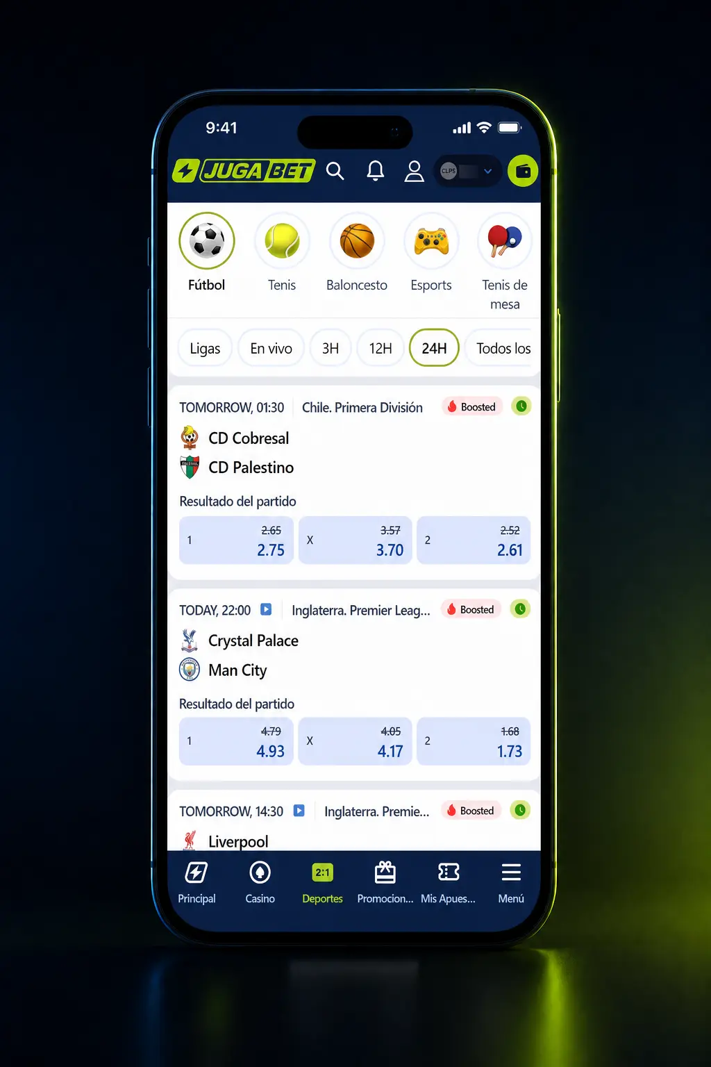 Pasos para realizar una apuesta deportiva en Jugabet mostrando el boleto de apuestas y la confirmación del monto en CLP.