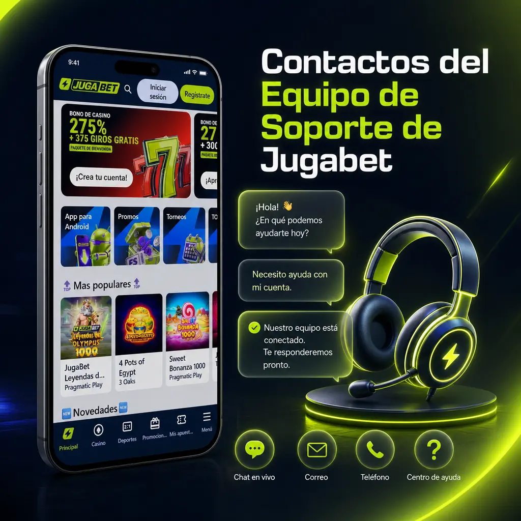 Equipo de soporte de Jugabet disponible por chat en vivo, correo, WhatsApp y centro de ayuda para consultas sobre depósitos.
