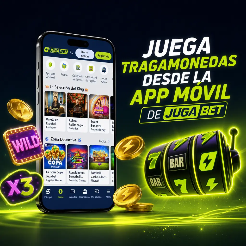 Aplicación móvil de Jugabet mostrando el lobby de tragamonedas con controles táctiles de apuesta, giro y sonido.