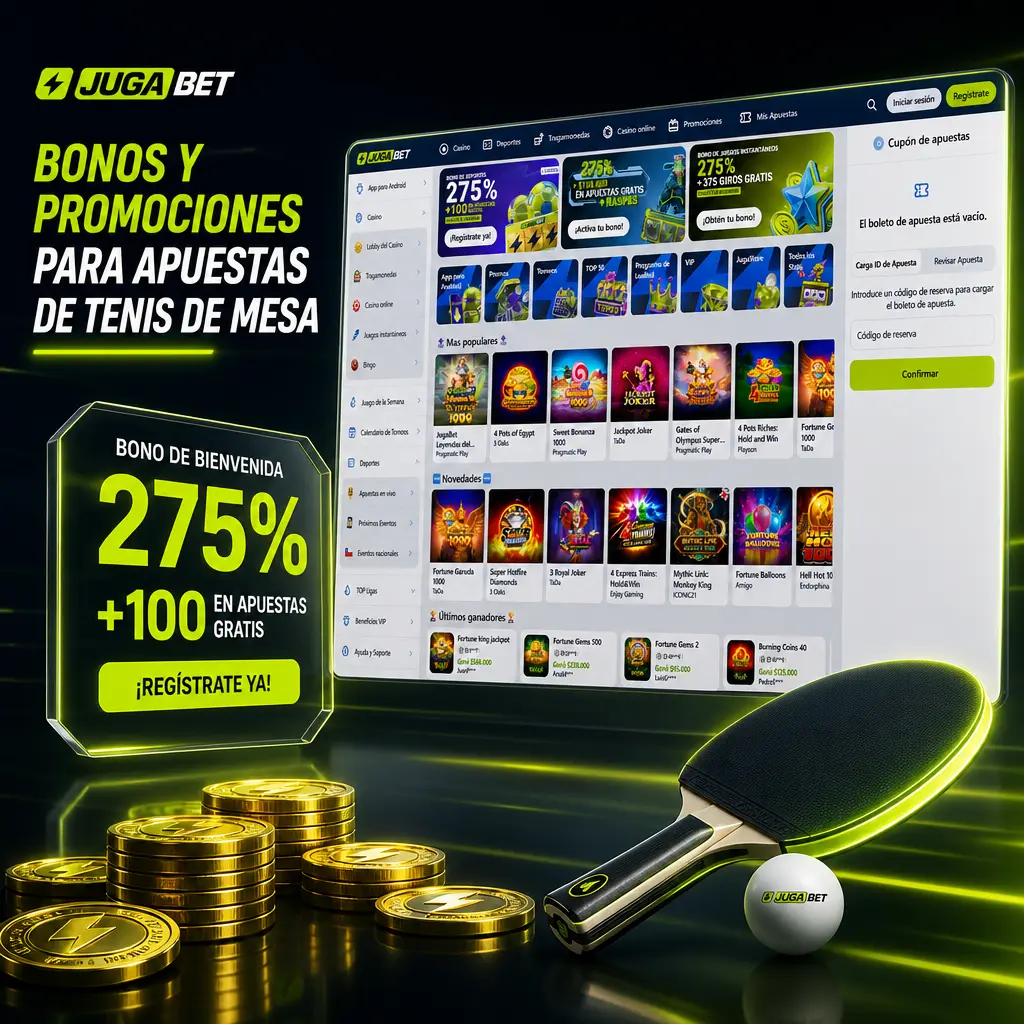Bono de bienvenida del 20% en Jugabet para apostar en tenis de mesa: WTT Series, ITTF, Liga Pro y más torneos.