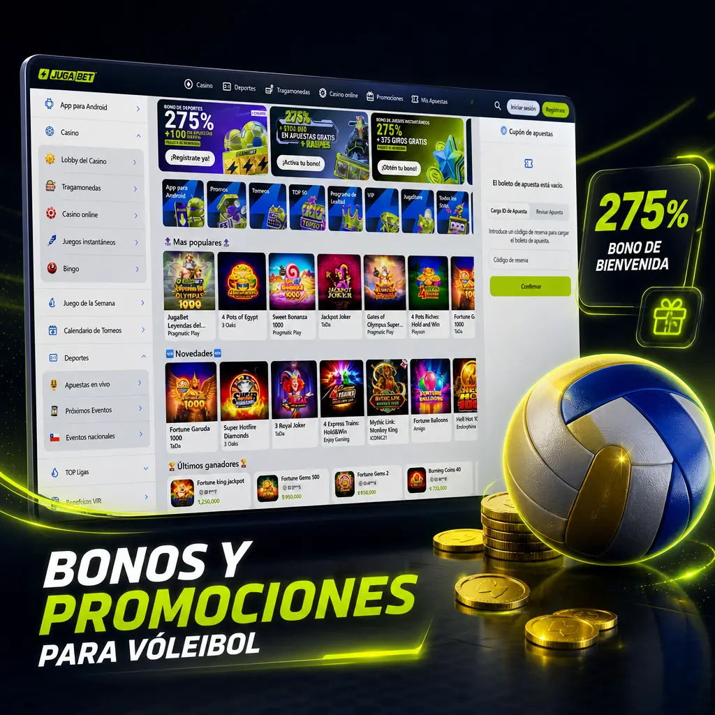 Bonos y promociones de Jugabet para apuestas de vóleibol: bono de bienvenida, cuotas mejoradas y seguro de multi apuestas.