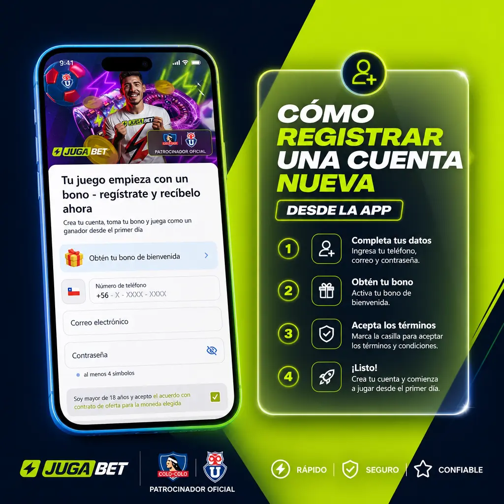 Pasos para registrar una cuenta nueva en la app de Jugabet: abrir la app, tocar "Registrarse" y completar tus datos personales.