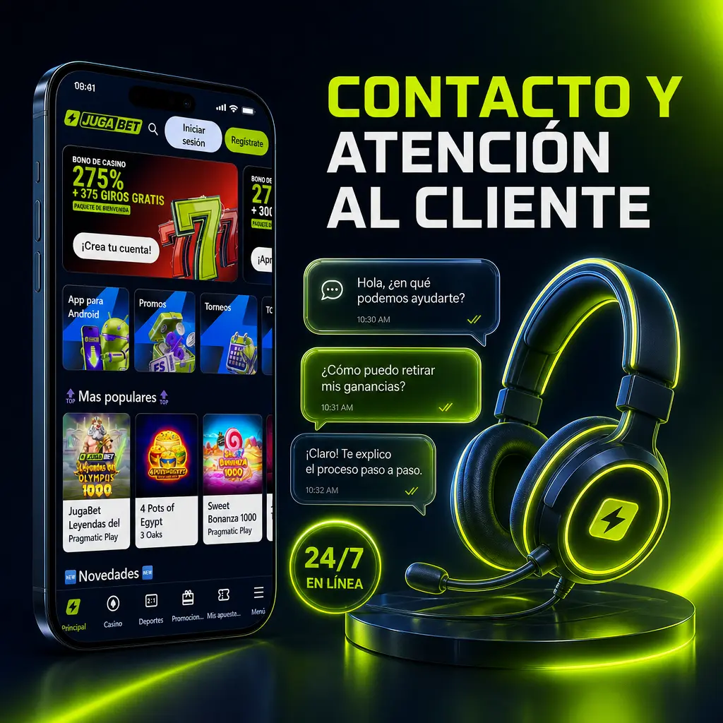 Atención al cliente de Jugabet disponible 24/7 vía chat en vivo, correo, WhatsApp y centro de ayuda
