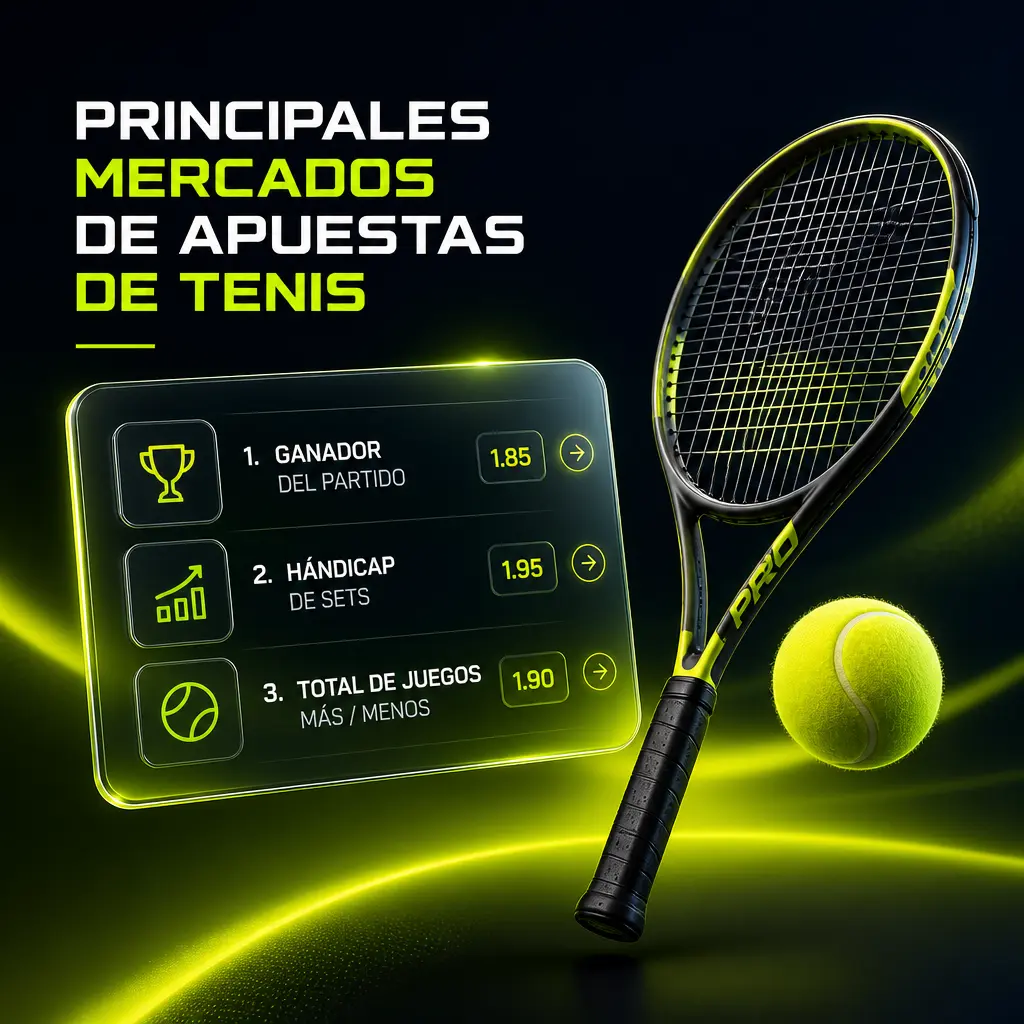 Mercados de apuestas de tenis en Jugabet: ganador del partido, apuesta por sets, total de juegos, hándicap y resultado exacto.
