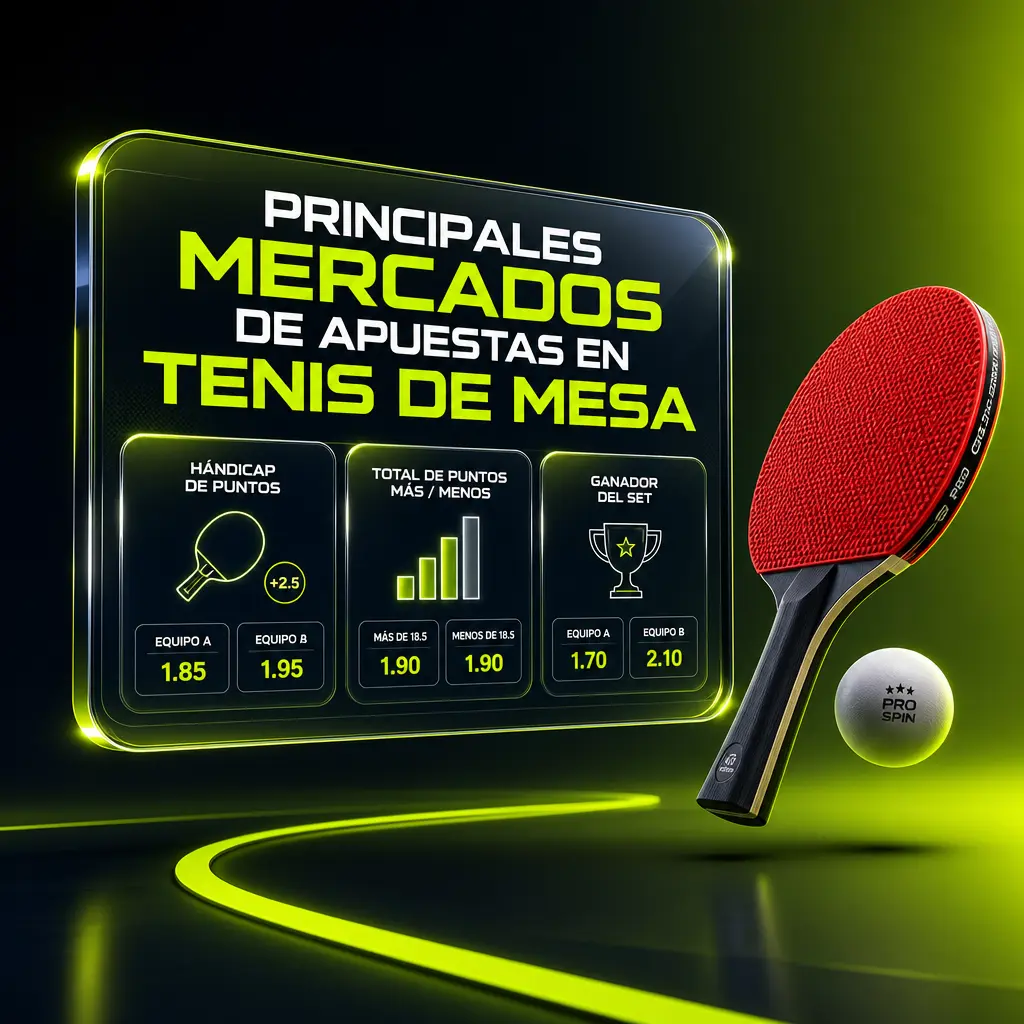 Cuotas y mercados de apuestas en tenis de mesa en Jugabet: ganador, hándicap, total de puntos y sets, marcador exacto.